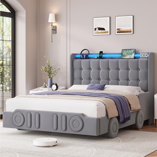 Keyluv Full Car Bed Frame with LED Lights and Charging Station Upholstered Platform Bed with Button Tufted Headboard and Wheels No Box Spring Needed Noise-Free Easy Assembly Velvet Grey