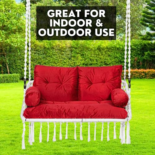 Image of Patiofy Premium White Double Seater Hanging Swing / 2 Seater Swing for Balcony /Double Seater Swing Chair /Swing for Adults for Home for 2 People /Jhula with Red Full Body Sitting Cushion & Hanging Kit