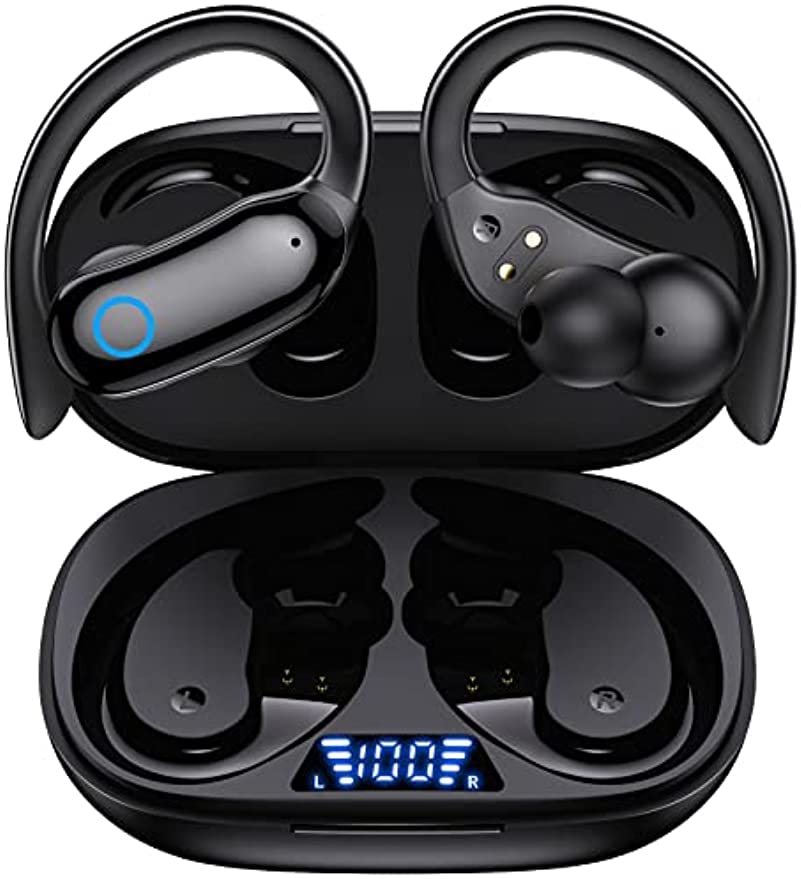 YANGKTIC Bluetooth Headphones Wireless Earbuds 48hrs Playback IPX7 Waterproof Earphones Over-Ear Stereo Bass Headset with Earhooks Microphone LED Battery Display for Sports/Workout