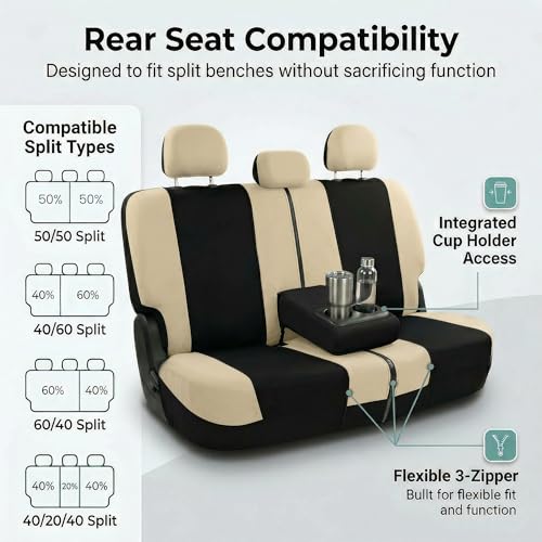 Image of FH Group Car Seat Covers Rear Set Cloth - Universal Fit Automotive Seat Covers, Low Back Front Seat Covers, Solid Back Seat Cover, Washable Car Seat Cover for SUV, Sedan and Van Beige