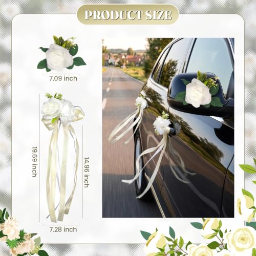 Image of 6 Pcs Wedding Car Door Handle Flowers - White Rose & Peony | Floral Bouquet Car Door Handle & Mirror Flowers with Satin Ribbon Bows , for Just Married Car Decoration