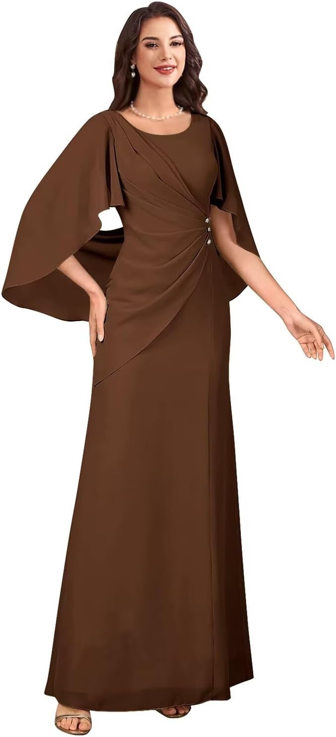 Women's Scoop Chiffon Mother of The Bride Dress with Beaded Cape Sleeve A Line Grandmother of The Groom Dresses CSM65