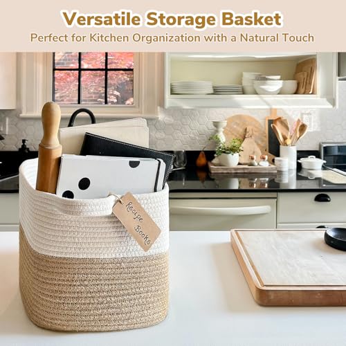 Image of Goodpick Woven Rope Storage Basket for Shelves, Rectangle, Jute | 13 inch x 10 inch x 9 inch Stylish Gift Basket for Bedroom & Living Room Organization, Fits Toys & Pet Supplies Storage, Writable Label