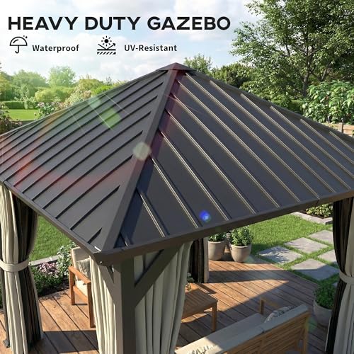 Outsunny 3 x 3(m) Hardtop Pavilion with Galvanised Steel Roof and Water Gutter, Waterproof Permanent Garden Gazebo with Netting and Curtains, Black - Image 3