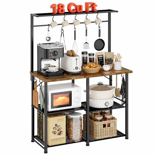 YASONIC Coffee Bar, Bakers Rack with Storage, 34.3 Inches Microwave Stand, 4 Tier Kitchen Shelves Appliance Storage, 14 S Hooks Large Coffee Station for Spices, Pots and Pans, Rustic Brown - Standing Baker's Racks
