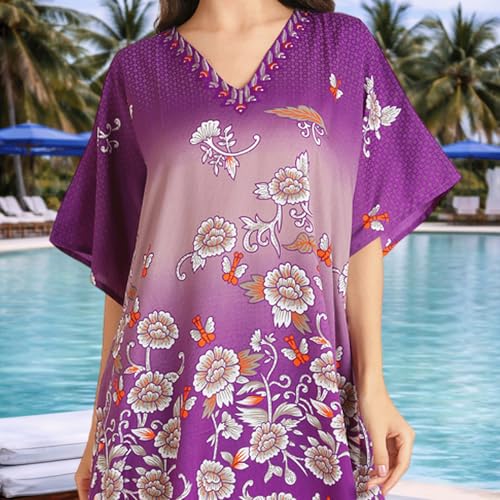Image of Miss Lavish London Women's Purple Floral Kaftan Dress with Pockets, V Neck Maxi Beach Cover Up, Short Sleeve Batwing Caftan with Side Slits, Plus Size Swimsuit Coverup-Purple-M