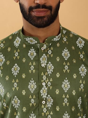 Image of KRAFT INDIA Men's Cotton Blend Geometric Printed Straight Long Regular Kurta and Elastic Waistband Pyjama Set