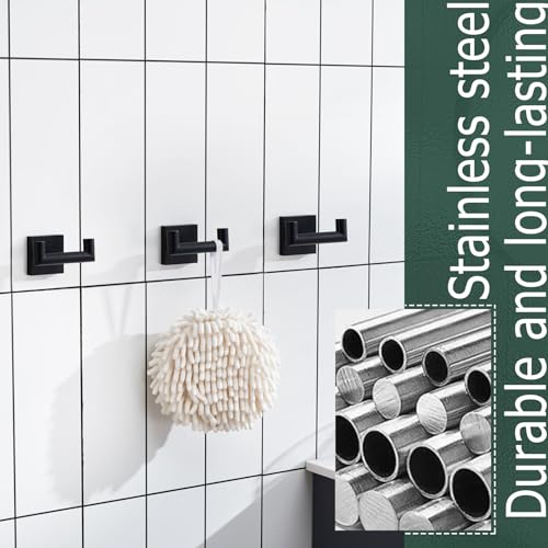 Image of KOKOSIRI Robe Hook Bathroom Double Towel Coat Hooks Matte Black for Bath Kitchen Wall Mounted, 3 Pack Stainless Steel B1015BK-P3