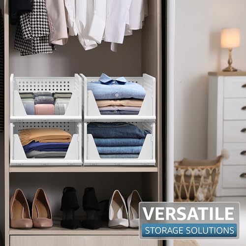Image of Sorbus 4 Pack Medium Shelf Organizer with Open Front Design Under Shelf for Closet Bathroom Kitchen Garage Plastic Stackable Storage Baskets