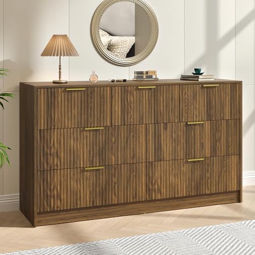 Image of Walnut Fluted 7 Drawer Dresser Bedroom,55 inch Wide Mid Century Wood Dresser with Gold Handles, Chest of Drawer Wooden TV Stand for Closet,Bedroom,Living Room,Walnut