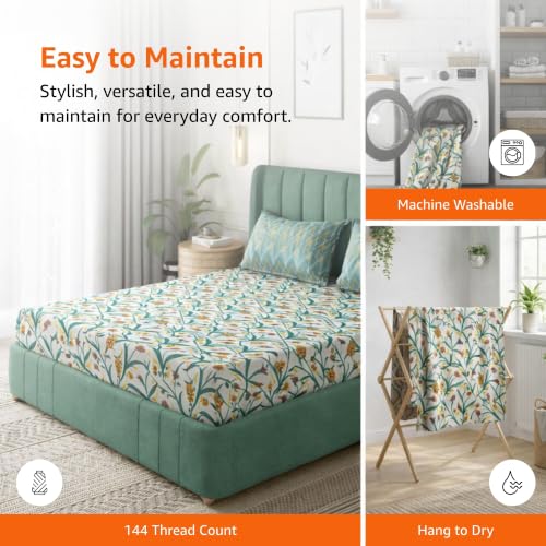 Image of Amazon Basics - 100% Cotton Flat Bedsheet | 144TC |King Bed Sheet with 2 Pillow Cover|Soft Cotton | Floral Print | 90 Inch x 108 Inch, Green