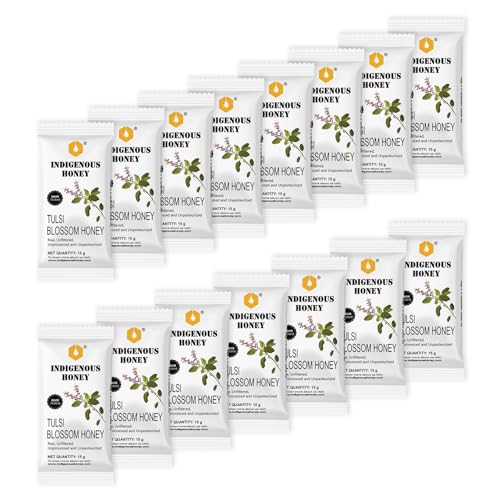Image of INDIGENOUS HONEY Natural Raw Tulsi Honey Organic Pure Unprocessed Added Sugar free NMR Tested Unpasteurized Unheated - 15 Gift Sachets, 15g Each, Total 225g