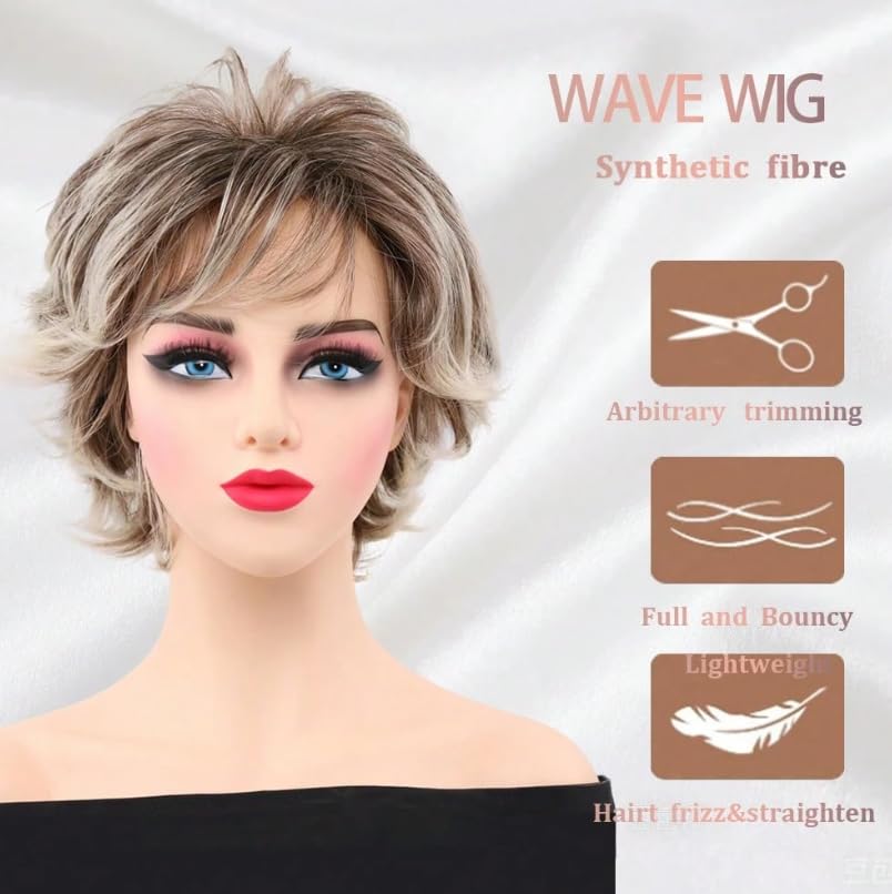 Image of Layered Short Blonde Pixie Wigs for White Women Dark Brown Ombre Blonde Pixie Cut Wig with Bangs for Daily Party Wig