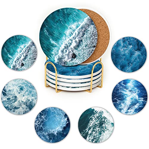 JJ Prime - Lot De 6 sous-verres en Céramique Ronde | Dessous De Verre Absorbants avec Support Doré | Anti-Rayures & Antidérapants | Cadeaux pour La Maison (Océan)