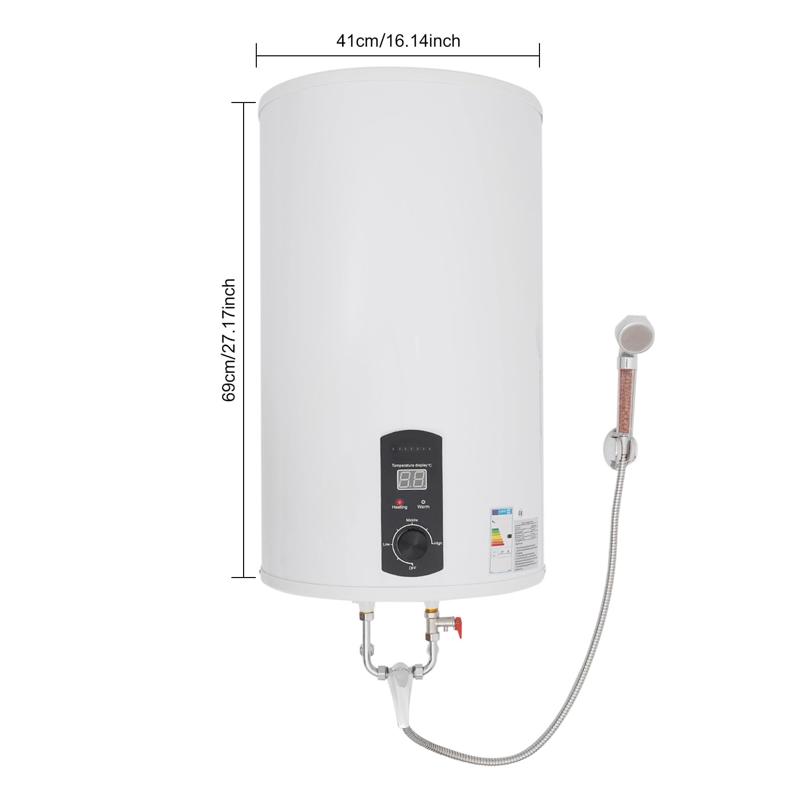 Scaldabagno elettronico con protezione contro le perdite, scaldabagno da 70 l, con scelta della temperatura, 2000 W, 220 V, scaldabagno elettrico con doccia e rubinetto, 41 x 75 cm, bianco