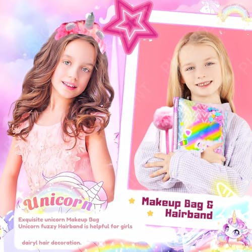 Image of PLUSPOINT Unicorn Gift for Girls 23Pcs Set for Kids of Unicorn Handbag Purse, Hair Band, Hair Clips, Cartoon Cap, Pen, Toy Soft Plush Toys Set for Birthday Gifts for Kids