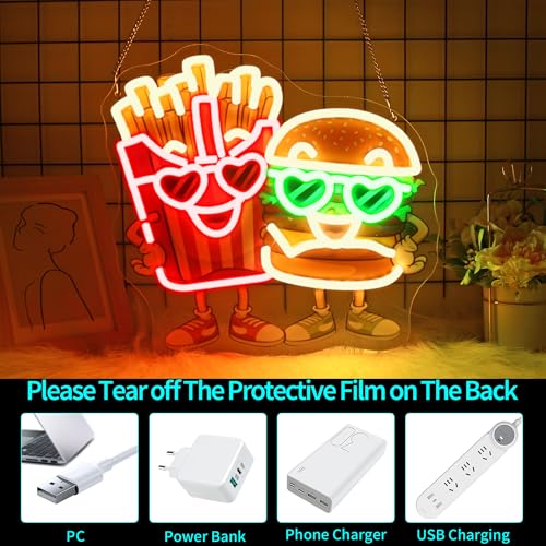 Image of Burgers Neon sign - JGHTURIE Hamburger and French Fries Neon Signs for Wall Decor LED Light up UV Printed Preparatory Home Restaurant Club Decoration USB Powered