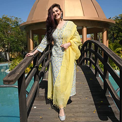 Image of GoSriKi Women's Cotton Blend Printed Straight Kurta with Pant & Dupatta