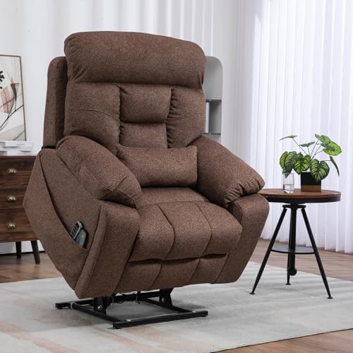 Image of 4 Motor Power Lift Recliner Chair for Elderly, 400LBS Big Man Oversized Lay Flat Recliner with Massage Heat, Zero Gravity Electric Lift Chair, Adjustable Headrest, 2 Cup Holders, Brown