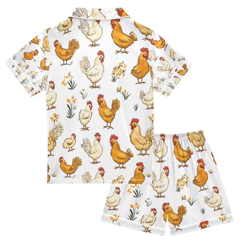 senya Rooster Hen Chicken P Satin Summer Pajama Sets Silk Short Sleeve Button Down Sleepwear2