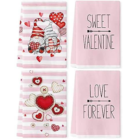 Siilues Valentines Kitchen Towels 95g/Count Microfiber 18 x 26 Inch, Happy Valentines Day Red Kitchen Towels Anniversaries Decor Ultra Absorbent for Drying Dishes Cooking Baking Set of 4 Cover