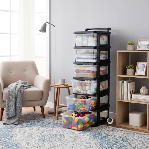 Image of Aliensware 6Layer Plastic Storage Drawer Organizer with Wheels, Modular Cabinet for Home, Office, School, Hospital, Parlor, Morden Kitchen,Clothes, Toys Organiser for Kids Room-Aliens-Clear Black