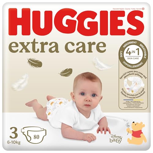 Huggies Extra Care   Pañales talla 3 (6 10 kg), ultraabsorbente, diseño Disney, paquete de 80 unidades