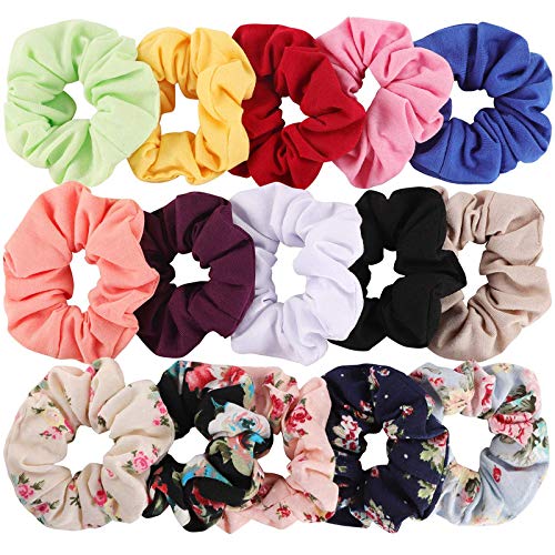 FAMEZA 15 pcs Hair Scrunchies,Velvet,Chiffon,Cotton Elastic Hair Bands,Scrunchy Hair Ties Ropes for Women or Girls Hair Accessories – 5 Vintage Velvet, 5 Solid Colors Chiffon, 5 Soft Flowered Cotton
