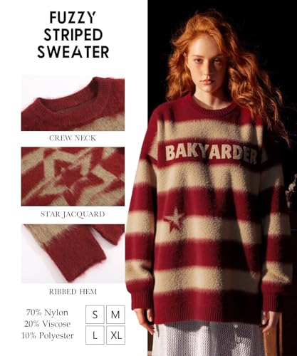 Women’s Fuzzy Striped Oversized Sweater Vintage Star Graphic Streetwear Pullover Knit 2025 Fall Outfits4