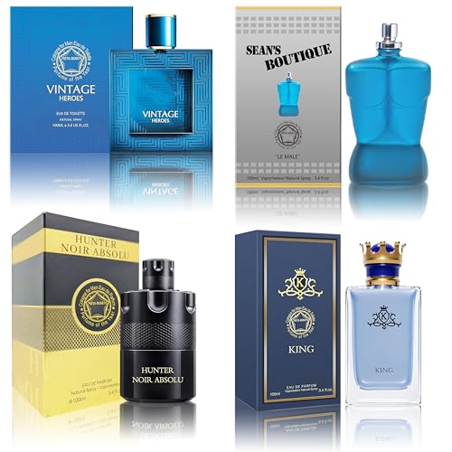 Cologne for Men Set (100ml x 4PCS Variety Pack Vintage HeroesKing,Sean's Boutique,Hunter Noir) Eau De Perfume Notes of Woody, Spicy, Citrus &amp; Aromatic Long Lasting Perfume for Men