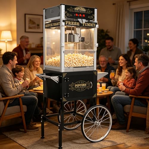 Image of Popcorn Machine With Cart - 28oz Kettle Popcorn Makers With Heating, Stainless Steel Kettle & Cart Wheels, For Commercial School, Church, Carnival, Birthday Parties, Events, Movie Theater, Black