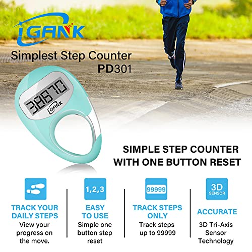 iGANK Simple Walking Pedometer 3D Step Counter for Men Women Kids (Turquoise) - Thumbnail 2