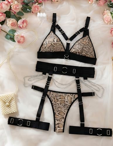 Image of Alrovetoney Sexy Lingerie Set For Women With Garter Belt 5 Pieces Strappy Bra and Panty Set Adjustable With Chain