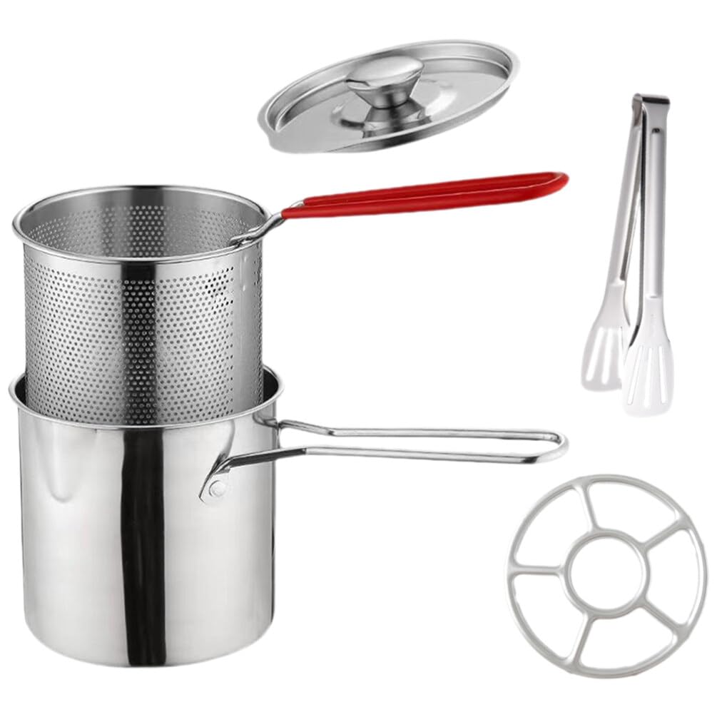 HOLIDYOYO 1 Set Stainless Steel Fry Pot with Lid and Strainer Basket Stove Top Deep Fryer Japanese Tempura Fryer Basket Frying Pot for French Fries Chicken Wings Shrimp