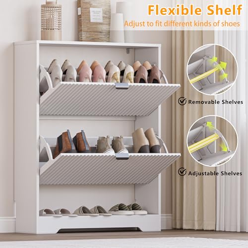 Image of BORNOON Shoe Cabinet with 2 Flip Drawers, Fluted Shoe Storage Cabinet with Adjustable Shelves, Freestanding Rack and Organizer for Entryway, Closet, Hallway