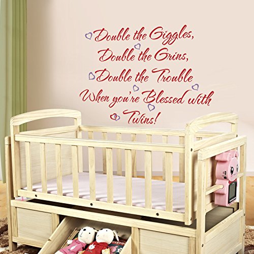 Double the Giggles Double the Grins Vinyl Nursery Wall Quote Twins Wall Decal Inspirational Wall Sticker Wall Letters Wall Grphice Home Art Decor 3(words:Tomato Red;hearts:Hydrangea Purple)
