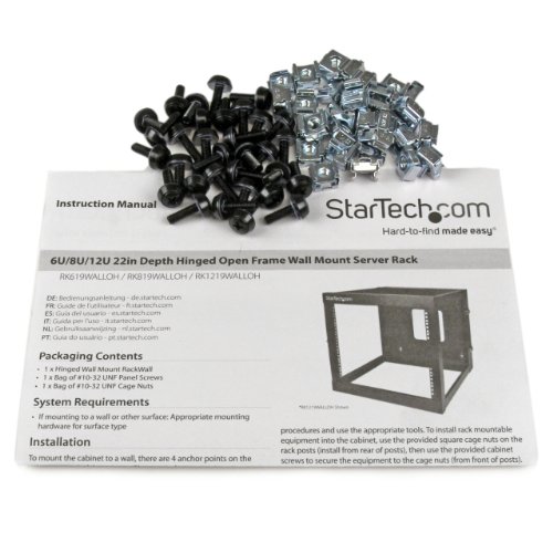 Image of StarTech.com 4-Post 12U Hinged Wall-Mount Network Rack, 19 inch Open Frame Server Rack with 19.8in Mounting Depth, Wall Mount Swing Out Data Rack for IT / AV / Computer Equipment, TAA (RK1219WALLOH) | Swing-out hinged frame, SPCC cold-rolled steel, Ships fully assembled, Cage nuts, 19.8in /50.2cm depth