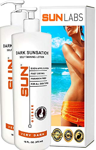 Self Tanning Lotion Dark Sunsation (Two 16 oz Pack) - Very Dark by SUN LABORATORIES, Dye-Free Natural Sunless Self Tanner for Bronzing and Golden Tan All Year Long (Packaging May Very)