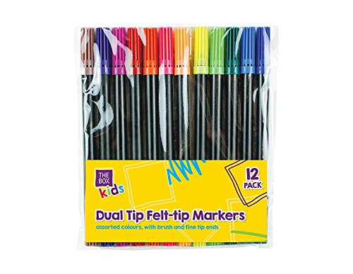 Dual Tip Felt Plastic Pens (16 cm x 1 cm) Pack of 12 - Assorted Colors with Fine & Brush Tips, Perfect for Art & Writing, Black