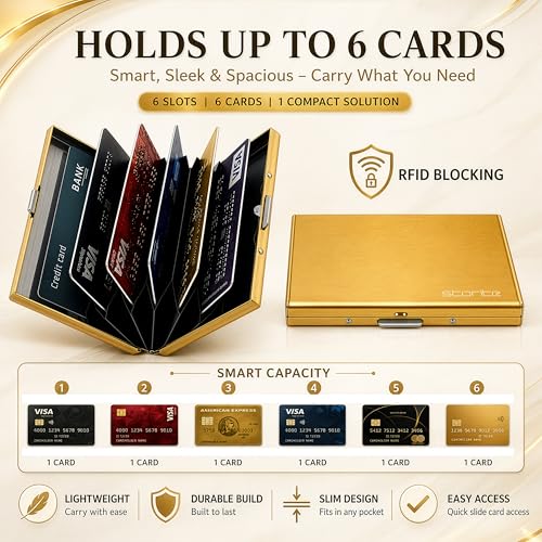 Image of Storite 6 Slots RFID Protected Metal Credit Card Holder Wallet for Men & Women - Golden - 9.6 x 6.6 x 1.3 cm