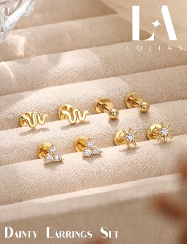 LOLIAS Dainty Hypoallergenic Flat Back Stud Earrings for Women Trendy | 14K Gold Plated Cartilage Earring Helix Conch Tragus Piercing Jewelry | Small Surgical Stainless Steel Earring Sets 20G2