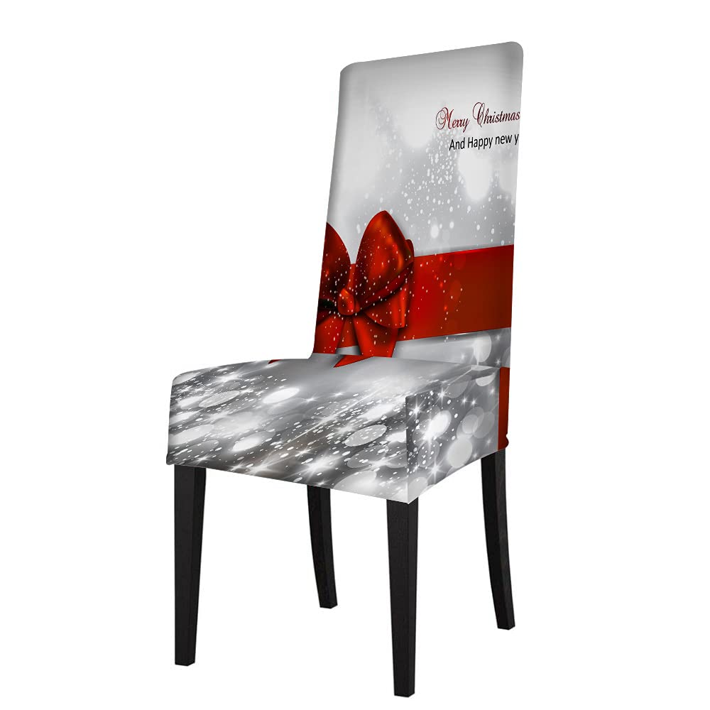 WONDERTIFY Merry Christmas Chair Covers for Dining Room Elegant Bow Snowflakes Holiday Stretch Slipcovers Chair Protector Decor for Home and Banquet Silver Red