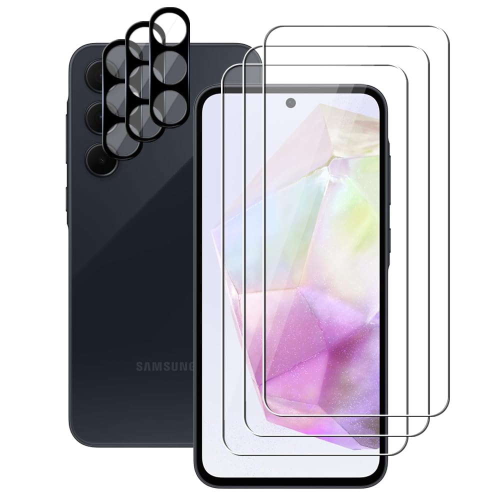 UZWZW (3+3) For Samsung Galaxy A35 5G / A55 5G (3 Pack) Tempered Glass Screen Protector and (3 Pack) Camera Lens Protector, 9H Hardness, 2.5D, Anti Scratch