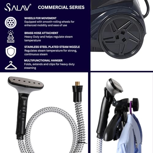 SALAV® Heavy Duty Smart Auto Shut-off Commercial Full-Size Garment Steamer, Beeping Alert when Water Runs out, Foot Pedal Control, XL 3L (101.5 oz) Tank, 1800 watts, 90+min of Continuous Steam, Navy