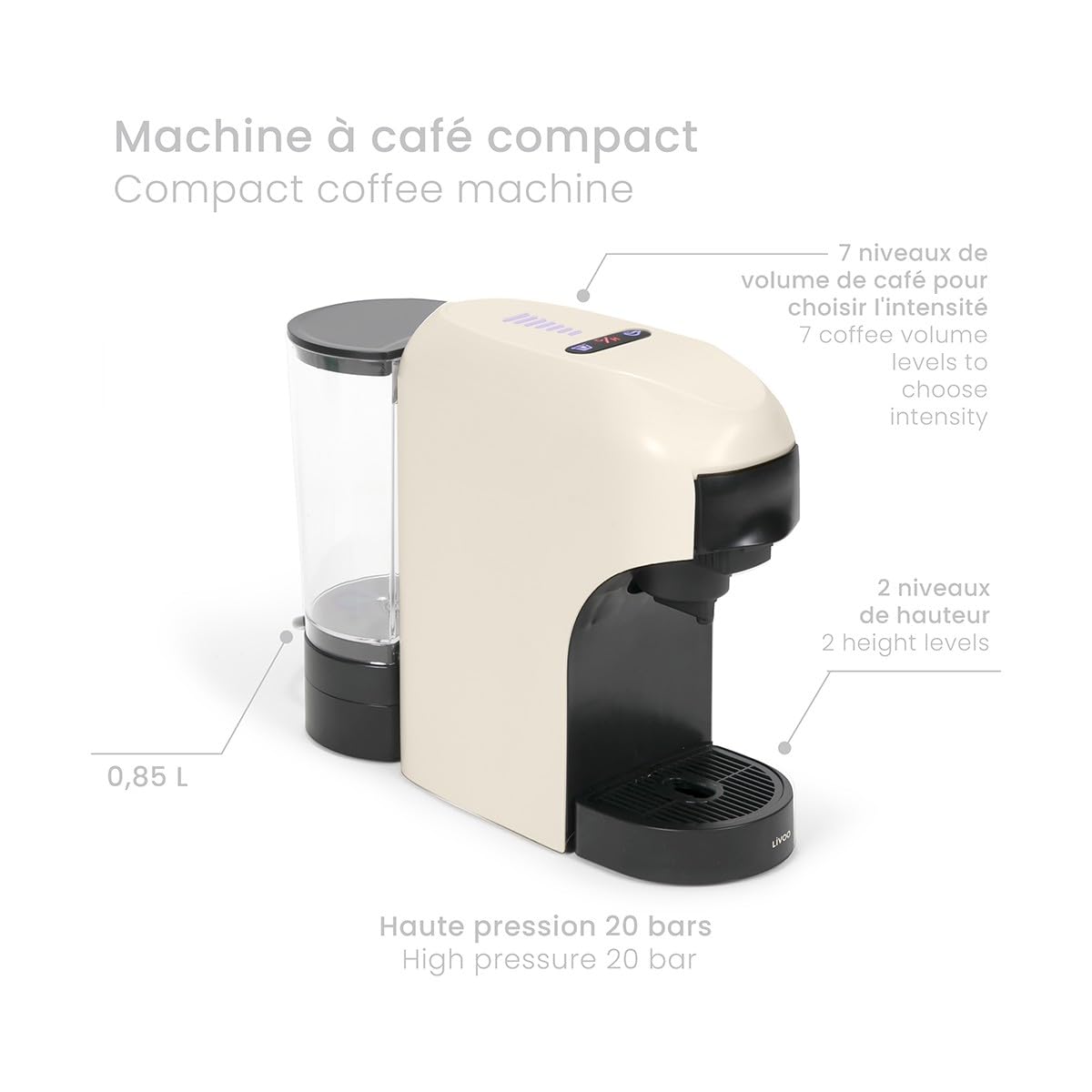 Livoo DOD217C - Cafetera multicápsulas 4 en 1 (1400 W, 20 bares, 7 niveles de volumen, compatible con Nespresso*, Dolce Gusto*, cápsulas tipo Senseo** y café molido