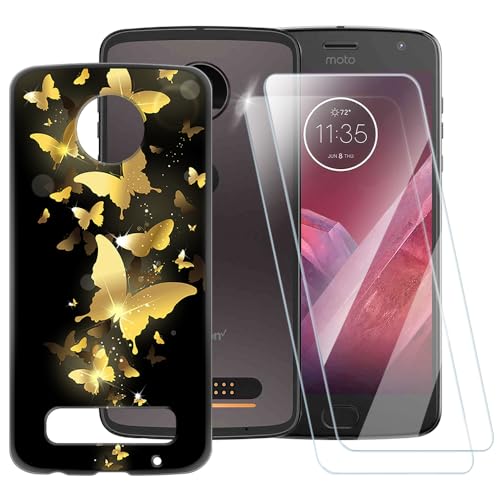 Funda con patrón de mariposa dorada compatible con Motorola Moto Z2 Play + [2 unidades] Protector de pantalla de vidrio templado, funda a prueba de golpes para Motorola Moto Z2 Play (5.5 pulgadas)