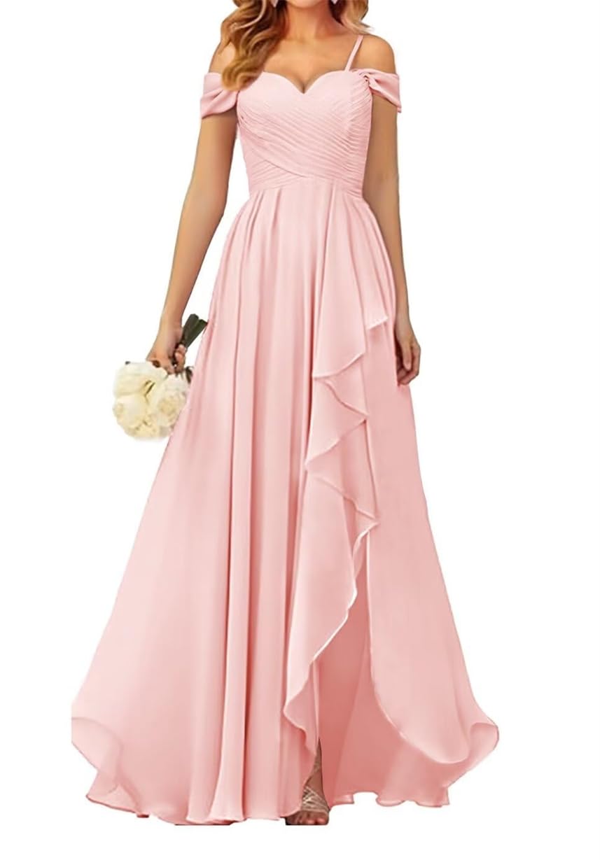 WSEYU Women's Off Shoulder Bridesmaid Dresses with Slit Spaghetti Straps Chiffon Formal Party Evening Gown Blush Pink UK20