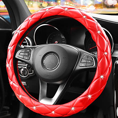 Image of YOGURTCK Cute Diamond Soft Leather Anti-Slip Steering Wheel Cover with Bling Bling Crystal Rhinestones, Universal 15 Inch for Women Girls, Fit Vehicles, Sedans, SUVs, Vans, Trucks - Red