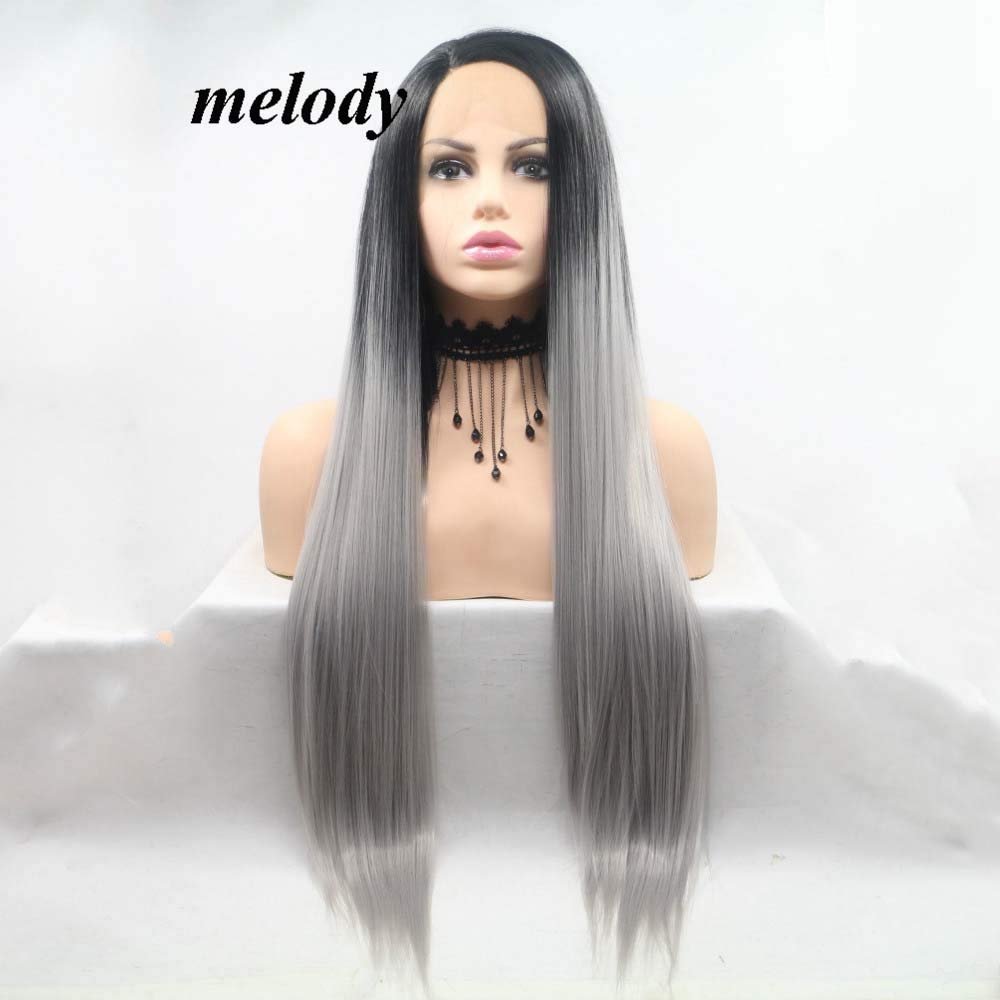 Black To Grey Two Tones Ombre Long Silky Straight Wigs For Women Hair Grey Synthetic Lace Front Wigs Heat Resistant Fiber Long Hair Wigs