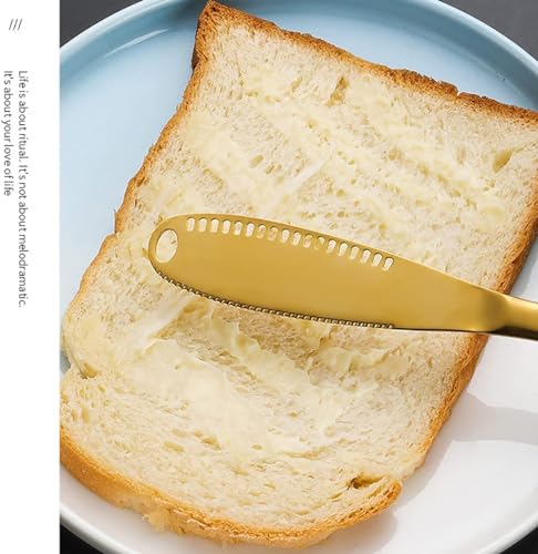 Image of Butter Spreader Knife, Stainless Steel, 3 in 1 Kitchen Gadgets, Curler, Butter Grater, Shredding Slots and with Serrated Edge Knife with Hole (Gold-Black, Set of 1)